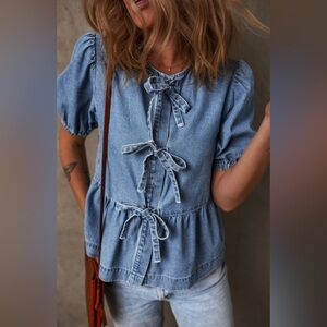Denim Blue Women's Top with Bow Details